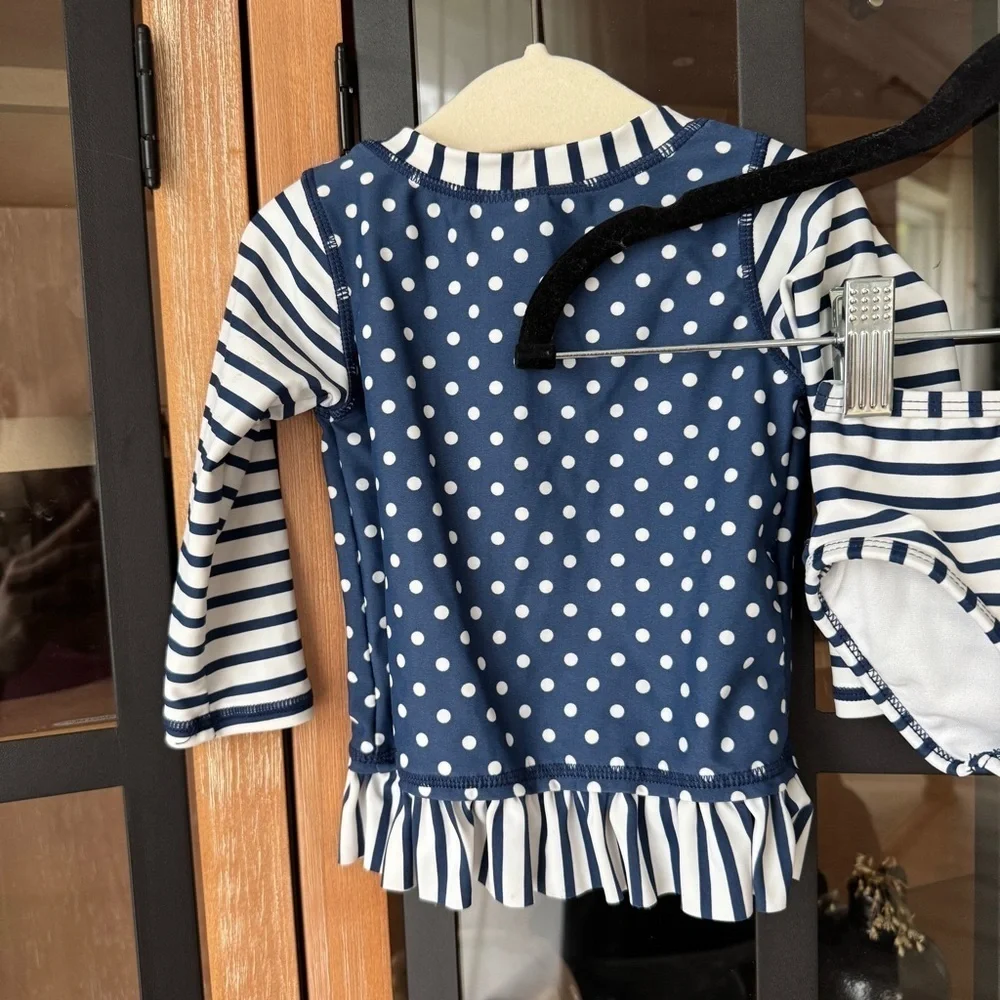 Rufflebutts rashguard swimsuit set ruffles bottoms long sleeve top navy striped